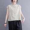 Camisa de Trabajo de Color Sólido Artístico de Verano para Mujer con Bolsillo, Cuello Alto, Sin Mangas, Holgada, Talla Grande, Camiseta de Algodón y Lino