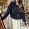 Elegante cárdigan de punto de terciopelo de visón estilo francés para mujer, nuevo modelo otoño e invierno 2026, cuello redondo, color liso, suéter de doble botonadura para mujer