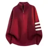 Suéter de Punto Holgado Versátil de Tres Rayas de Moda para Hombre, Otoño/Invierno, Estilo Japonés Perezoso, Media Cremallera, Cuello Alto