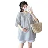 Moda Gestante, Vestido Xadrez de Manga Curta com Decote em V para o Verão, Blusa de Maternidade Soltinha Plus Size Emagrecedora para Mães Modernas