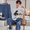 Pijama masculino estiloso e bonito de manga curta 100% algodão, conjunto fino de gola redonda, roupa de casa casual de corte solto, novo modelo de verão 2026