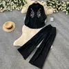 Conjunto de Dos Piezas Casual Holgado de Manga Larga Bordado y Pantalones de Pierna Ancha para Mujer, Atuendo Elegante Adelgazante para Viajes de Otoño