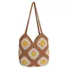 Bolsa de Palha Casual Fashion Vazada, Bolsa de Ombro de Grande Capacidade, Estilo Preguiçoso Versátil Estilo Girassol para Férias, Bolsa Tendência de Axila