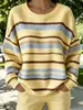 Camiseta feminina casual estampada de manga longa com gola redonda, caimento solto, malha waffle de um lado, europeia e americana, para cross-border Amazon