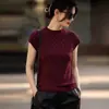 Camiseta de Tricô Manga Curta com Gola Meia-Alta Brilhante Bordada com Strass Total Estilo Coreano Cor Vinho para Mulheres, Novo Top Slim Fit Plus Size Verão 2026