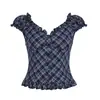 Blusa de Ballet Francés Estilo Retro Ajustada Y2K Cuadros Volantes Mangas Abullonadas Cuello en V Sexy Camiseta Adelgazante