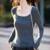 Suéter de Lana Peinada Ultra Fina con Cuello en U Grande, Aspecto Adelgazante, Prenda Base para Otoño e Invierno, Delgada, Simple, Estilo Puro Lustre, Suéter Interior