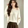 Suéter de Punto Elegante de Alta Gama Off-Shoulder para Otoño/Invierno 2026, Corte Holgado, Top Básico que Cubre el Vientre para Mujer