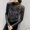 Camisa Base Gola Alta Meia-altura Feminina Inverno Novo Europeu Indústria Pesada Lantejoula Malha Emagrecedora Sexy Camisa Top de Manga Comprida Tendência