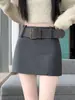 Falda Larga de Lana Color Café Retro para Mujer Otoño/Invierno Chica Popular de Cintura Alta Adelgazante Petite Anti-Exposición Ajustada a la Cadera Falda Corta de Línea A