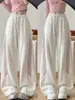 Pantalones de chándal blancos a rayas con cordón para mujer, nuevos pantalones de otoño de cintura alta holgados de pierna ancha, pantalones petite a rayas curvas
