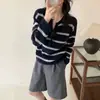Nuevo Suéter de Punto de Lana Pura para Mujer Otoño/Invierno 2026 con Rayas en Contraste, Hombro Ranglán, Cuello Redondo en V, Estilo Retro Coreano