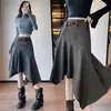 Falda midi de mezclilla irregular para mujer, estilo otoño vintage old money, falda retro de cintura alta entallada línea A