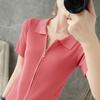 Camisa de Solapa con Cremallera al por Mayor Transfronteriza Manga Corta Ajustada Top de Hielo de Seda para Mujer Camisa de Punto para Mujer Estilo Europeo y Americano