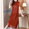 Vestido vermelho bordado pesado feminino verão 2023 novo estilo mãe elegante gola clássica vestido de comprimento médio