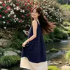 Vestido sin mangas de cuadros azules, estilo artístico francés, inspirado en el bosque vintage, fresco y casual, vestido largo tipo camisola de vacaciones