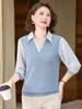 Camiseta de Estilo de Mamá Falsa Dos Piezas de Manga Larga para Mujer, Nueva Moda Primavera y Otoño 2025, Elegante para Edad Media, Corte Holgado, Cuello Solapa, Camiseta Básica
