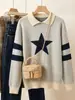 Suéter de punto con cuello polo de estrella para mujer talla grande, otoño, suelto, bloques de color, rayas, tejido de punto, talla grande, tejido perezoso