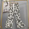 Pantalones de pijama de algodón y seda para mujer, estilo fino de verano, talla grande, pantalones de pierna ancha de cintura alta, adecuados para usar en exteriores, pantalones de playa de seda de algodón artificial, pantalones para casa