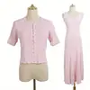 Conjunto de Punto de Color Sólido para Principios de Verano con Cuello Redondo, Adornos de Perlas, Cárdigan Corto, Vestido sin Mangas tipo Camiseta y Conjunto de Dos Piezas Estilo Chanel