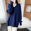 Suéter de Lã 100% Grossa com Decote V de Comprimento Médio para Outono e Inverno, Estilo Preguiçoso, Malha Solta, Peça Externa