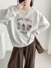 Moletom Estampado Estilo Coreano sem Capuz para Mulheres, Estilo Solto e Casual, Forrado com Fleece e Espesso, Blusa de Gola Redonda Pulôver para o Inverno