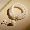 Pulseira Bodhi de Jade Branco Natural Pulseira de Raiz de Bodhi Cordão de Lótus de Círculo Duplo Acessórios com Borla Sementes Originais de Raiz de Bodhi