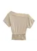 Camiseta corta de encaje con retazos, hombros descubiertos y manga corta para mujer, diseño de verano con efecto reductor y entallado en la cintura