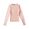 Ropa de Abrigo para Mujer de Primavera Ajustada de Manga Larga Suéter Tejido Top Corto Sexy Escote en V Cruzado Camisa Base