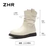 Botines blancos ZHR para mujer, nueva colección otoño 2026, botines estilo western plisados, versátiles botas estilo Martin, botas de corte ajustado