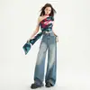 Jeans Anchos de Pierna Suelta para Mujer, Lavado Vintage, Hebilla Relajada Antigua Lateral Curva, Corte Dividido Estéreo