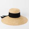 Sombrero de paja de ala ancha de moda retro elegante de copa plana, sombrero de playa casual de protección solar para vacaciones de verano para mujer