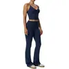 Conjunto de yoga de dos piezas con tejido cepillado por ambos lados, camisola sexy de cuello en V profundo y pantalones largos invisibles levanta-glúteos, ropa deportiva europea y americana OEM personalizada
