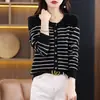 Novo estilo de primavera 100% lã tricotado cor sólida bloco de cores listrado cardigan vintage, jaqueta top elegante e versátil para mulheres
