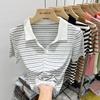 Preto e branco listrado manga curta camiseta feminina Design Sense nicho verão novo contraste cor polo colar curto top moda camiseta