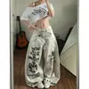 Jeans Feminino Masculino Verão Novo Design Retrô Americano Garota Picante Senso de Design Nicho Estampa de Letras Calças Largas Soltas