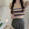 Camiseta de Punto de Manga Corta con Manga Abullonada y Rayas en el Hombro Derecho para Mujer Diseño de Verano Nicho de Alta Gama Slim Corta