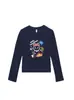 Camiseta negra de cuello redondo, hombros normales, manga larga para mujer, nuevo estilo primavera y otoño, estampado de graffiti de dibujos animados, corte ajustado, top dulce y picante para chica