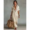 Tienda Independiente de Amazon Nuevo Verano 2026 Europeo y Americano para Mujer Vestido Largo Casual Holgado Bordado con Bolsillos y Solapa
