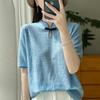 24 nuevas camisetas de manga corta de punto estilo chino para mujer, estilo retro con botones y encaje de lana peinada