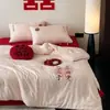 ¡Colcha de boda para recién casados! Colcha de seda jacquard de algodón 100% de alta gama, 60 hilos, para boda, con exquisito bordado rojo, colcha doble de algodón puro