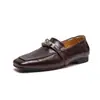 Mocassins Simples para o Dia a Dia Feminino, Sapatos Baixos Slip-On com Fivela e Bico Quadrado, Sapatos Pequenos Casuais Retrô de Couro Genuíno para Mulheres