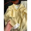 Suéter macio de gola alta amarela clara com botões para mulheres, jaqueta de malha interna espessa para outono e inverno, top quente de cor vibrante