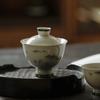 Paquete tazón con tapa pintado a mano color verde bajo vidriado tallado Peces ociosos tazón de té imitación Song tazón de té taza de té juego de té kung fu hecho a mano