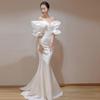Temperamento Suspensório Vestido de Noiva Leve Dignificado Cetim Estilo Floresta Saída Véu Banquete Reunião Anual Cauda de Peixe Saia Longa Feminino Festa Vestido de Noite