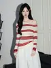 Top de Punto Rayado Super Caliente Forever Autumn de un Solo Hombro para Mujer Super Hermoso Bloque de Color Dulce Picante Capa Base Manga Larga