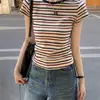 Dropshipping Camiseta de Verano de Algodón Puro Rayas Hombro Derecho Manga Corta para Mujer Ajuste Delgado Ropa Interior y Exterior Elegante Camiseta Básica
