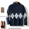 Suéter Masculino de Lã com Gola Alta Meia-Altura, Zíper, Color-Blocking, Tricô Grosso, Casual de Negócios, Caimento Solto, Cores Contrastantes, Camada Base de Caxemira