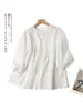 Camisa Estilo Japonés Limei Primavera Nueva Algodón Puro Bordada Cuello Redondo Babydoll con Botones Frontales y Bordado Fino Blusa de Dobladillo Grande