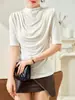 Camiseta de verano de manga corta y media para mujer de ácido triacético, elegante, ajustada, estilo occidental, color liso, versátil, cuello amplio, manga media, camiseta de ácido acético para mujer
